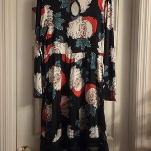Festive Santa Print Dress Large Stretchy Soft Keyhole Holiday Christmas Dress